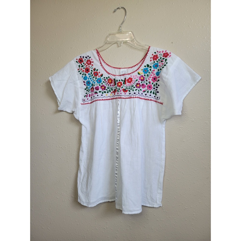 Artesanias FR Inc Mexican Peasant Blouse White Cotton Floral Embroidered Small